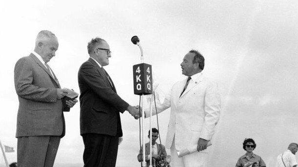 Alderman Len Peak and Mayor Ern Harley congratulate Stanley Korman at the opening ceremony of the bridge to Chevron Island, Gold Coast, March 12, 1960. Supplied by Gold Coast City Council Local Studies Library.