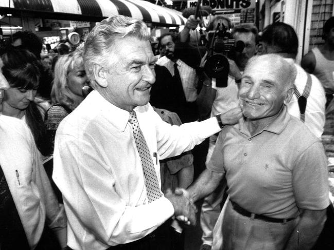 Mr Hawke at the Coburg Market in the lead up to the 1990 election.