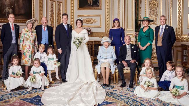 At the wedding of Princess Eugenie and Jack Brooksbank last year it seemed that Sarah, Duchess of York has finally been welcomed back into the royal fold. Now she needs to get re-hitched to Prince Andrew. Picture: Alex Bramall/Buckingham Palace/AFP