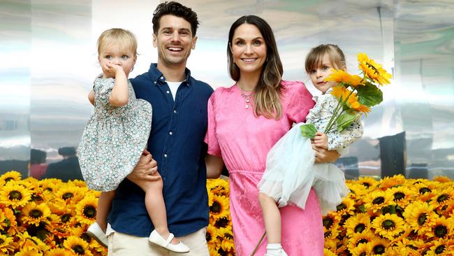 Matty Johnson, Laura Byrne and daughters Lola, 1, and Marlie-Mae, 3 at Van Gogh Alive, which reopens in Sydney next week.