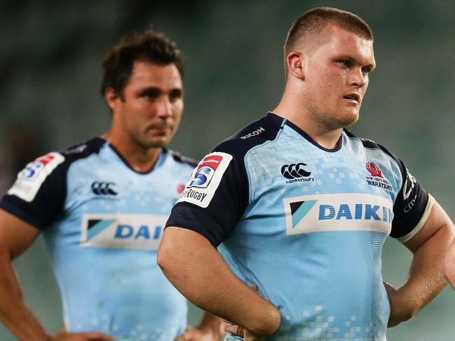 SYDNEY, AUSTRALIA - APRIL 21:  (L-R) Nick Phipps, Tom Robertson, Hugh Roach and Cam Clark of the Waratahs look dejected at fulltime during the round nine Super Rugby match between the Waratahs and the Kings at Allianz Stadium on April 21, 2017 in Sydney, Australia.  (Photo by Matt King/Getty Images)