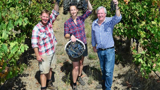 Richard Wellsmore, Kate Petering and Mark Maxwell at Maxwell Wines in McLaren Vale. Picture: Michael Marschall