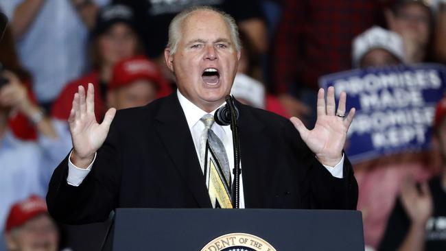 Rush Limbaugh introduces Donald Trump at a 2018 campaign rally in Cape Girardeau, Missouri. Picture: AP