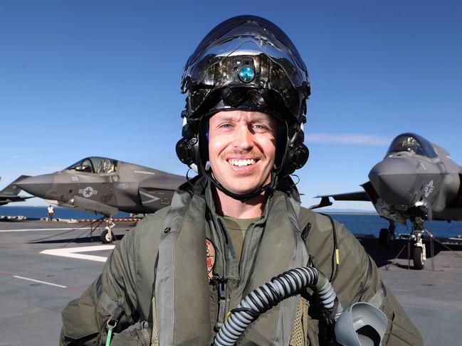 F35 B Joint strike fighter pilot Captain Erik Carlson, call sign ÃSisterÃ, USS America arrives in Brisbane. Picture: Liam Kidston