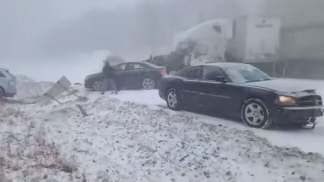 Footage of the accident scene shows trucks and cars slamming other vehicles. Source: Mike Moye/CBS3/Facebook