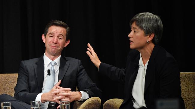 Senator Simon Birmingham and Labor Senator for South Australia Penny Wong are seen during an election debate at the South Australian Press Club. Picture: AAP