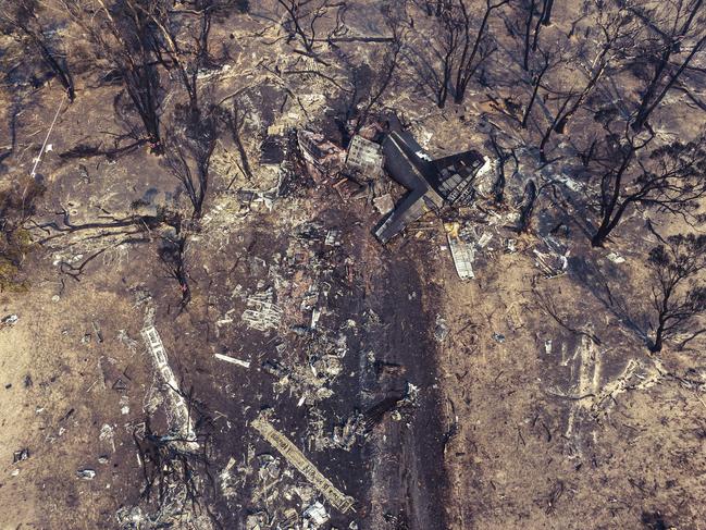 An aerial photo of wreckage of the firefighting air tanker near Numeralla, south west of Sydney, where the crew from the US firefighters were killed. Picture: NSW Police