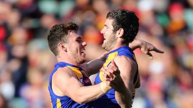 02/08/14 Luke Shuey and Jack Darling celebrate Darling's last quarter goal. Adelaide Crows v West Coast Eagles at Adelaide Oval. photo Calum Robertson