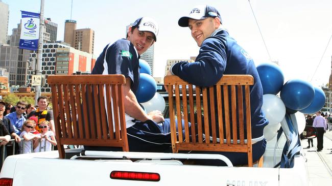 Geelong’s Mark Blake and Gary Ablett in the 2008 parade. Picture: HWT Library.