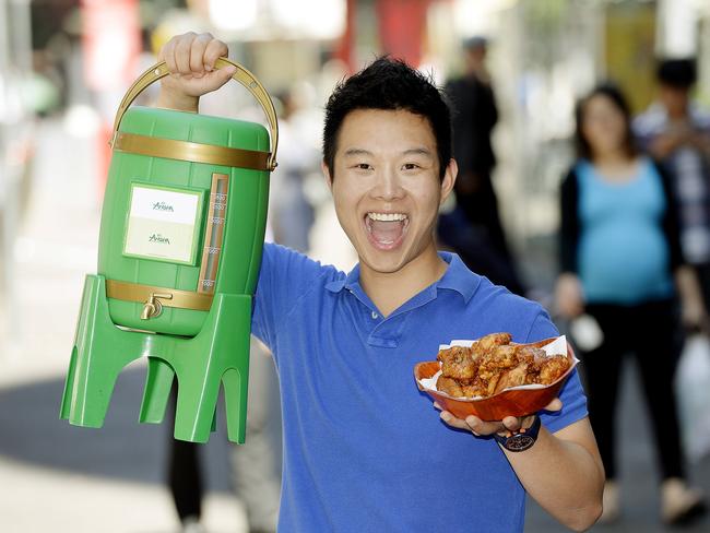 Beer and a bowl of soy fried chicken from Arisun in the CBD.