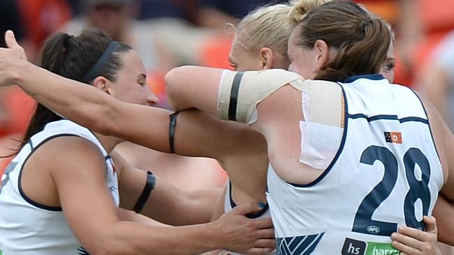 The Crows celebrate an Erin Phillips goal against Brisbane in the AFLW grand final. They had even more to celebrate at the game’s end. Picture: Bradley Kanaris (News Corp )