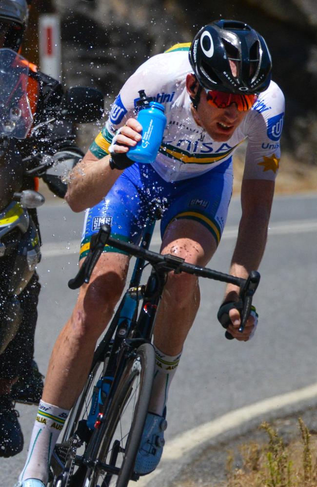 Uni-SA Australia rider Zak Dempster tries to cool down in 41C heat on Friday. Picture: AFP Photo