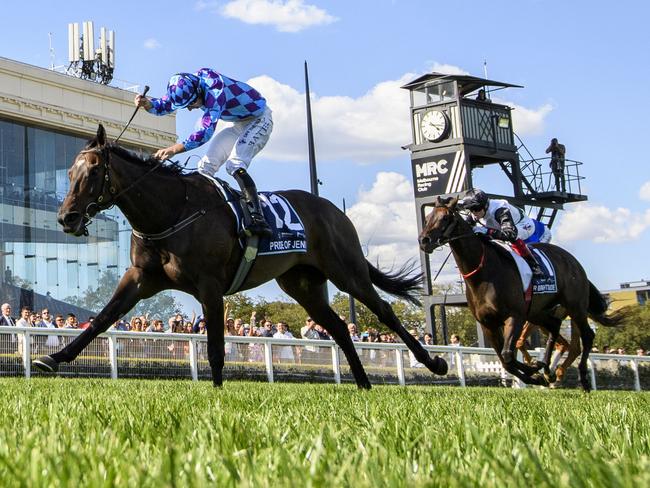 MELBOURNE, AUSTRALIA - MARCH 16: Declan Bates riding Pride of Jenni defeats Craig Williams riding Mr Brightside and Cascadian in Race 8, the The Sharp Eit All-star Mile, during The All-Star Mile Race Day at Caulfield Racecourse on March 16, 2024 in Melbourne, Australia. (Photo by Vince Caligiuri/Getty Images)