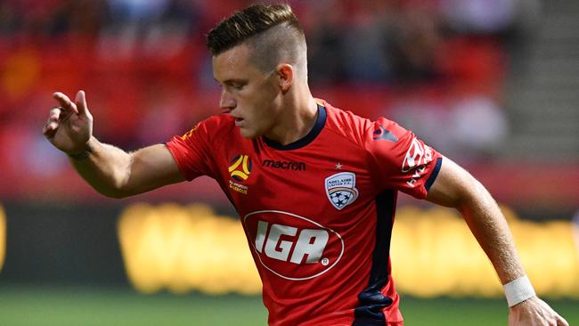 Left back Scott Galloway has scored Adelaide United’s only goal from outside the box in open play this A-League campaign. Picture: Photo by Quinn Rooney/Getty Images