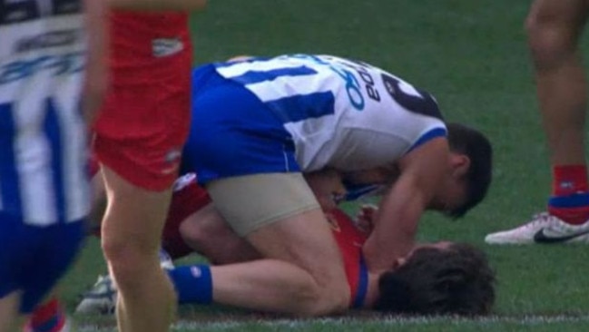 Harvey pictured here with his elbow on Picken’s neck. Picture: Fox Footy