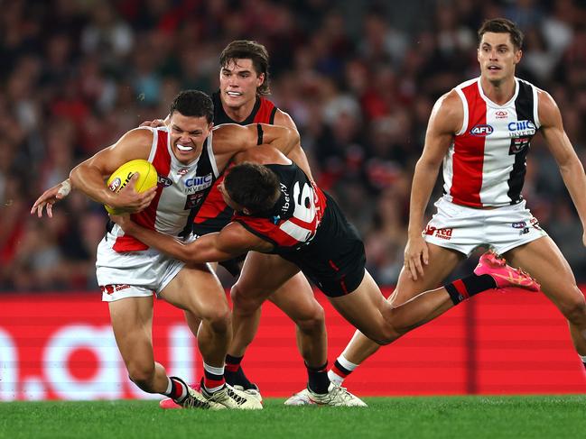 \Marcus Windhager tries to bust a tackle. Picture: Quinn Rooney/Getty Images