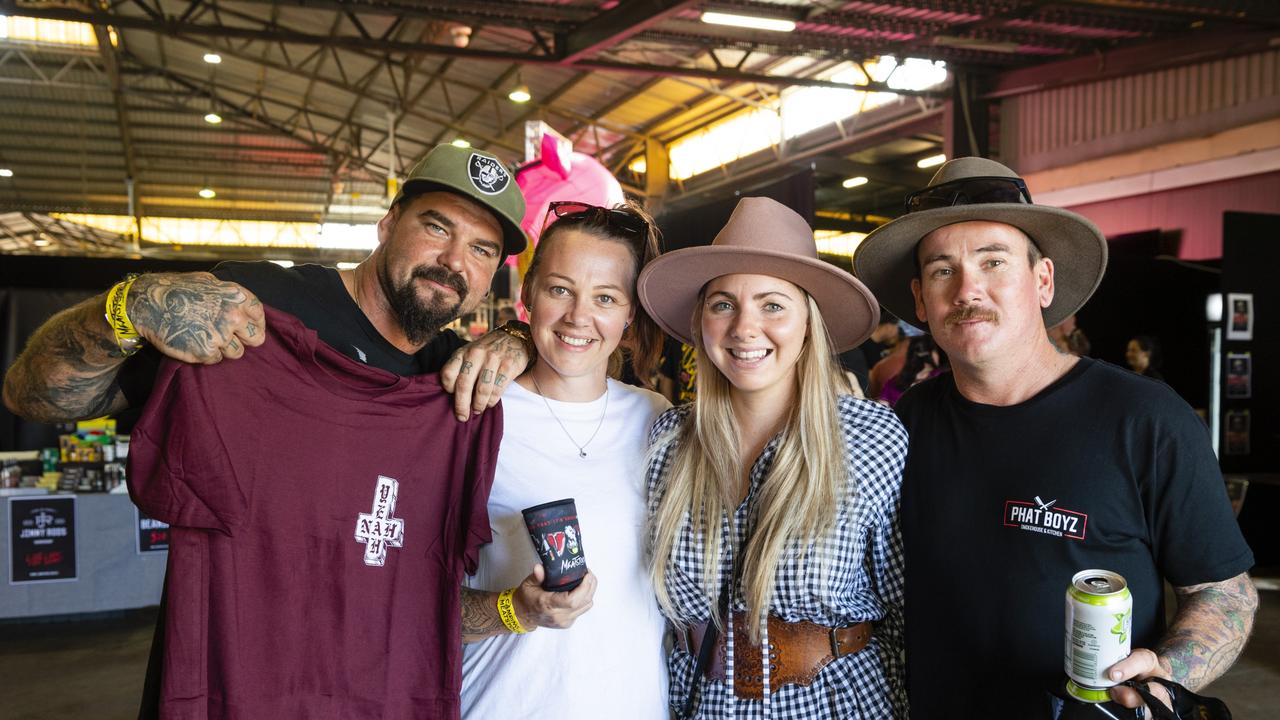 At Meatstock are (from left) Teemu Kent, Nicole Kent, Brittany Reeks and Nathan Reeks at Toowoomba Showgrounds, Friday, April 8, 2022. Picture: Kevin Farmer