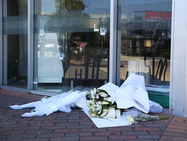 Flowers have been laid outside the Rockdale gym where Mick Hawi was shot. Picture: Danny Aarons