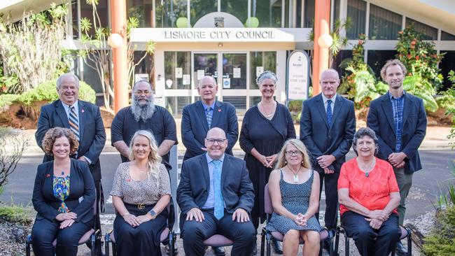 Lismore City Council. From back left: Peter Colby, Big Rob, Andrew Bing, Vanessa Ekins, Andrew Gordon, Adam Guise. Front row: Elly Bird, Jeri Hall, Mayor Steve Krieg, Electra Jensen, and Darlene Cook.