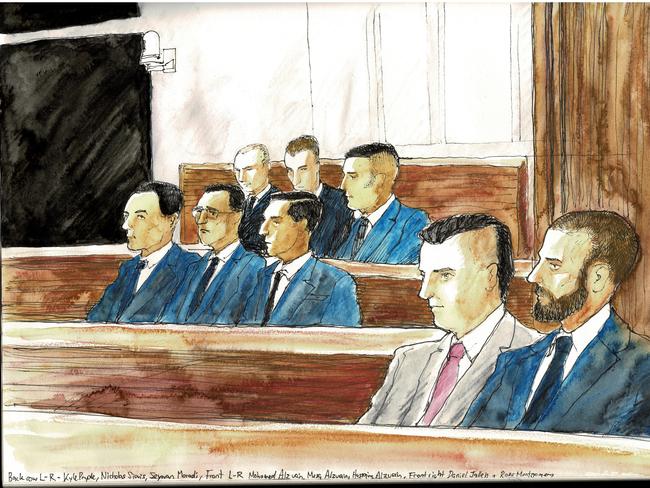 Jason De Ieso murder accused (back row) Kyle Pryde, Nicholas Sianis, Seywan Moradi, (centre) Mohamed Alzuain, Musa Alzuain, Husain Alzuain, (front), Daniel Jalleh and Ross Montgomery. Picture: Timothy Ide