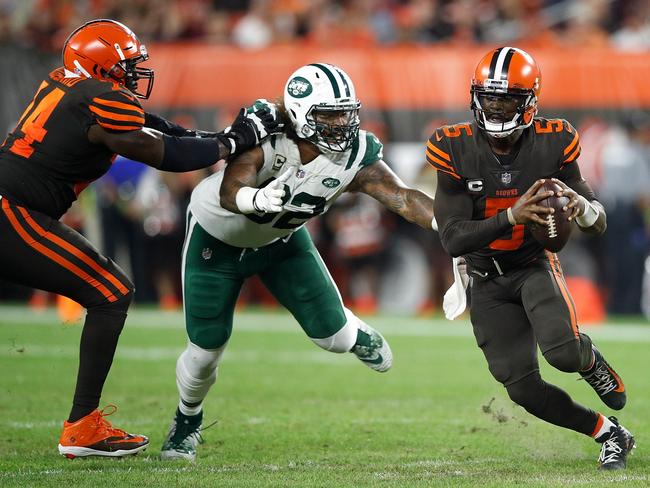 Tyrod Taylor (R) left the game with concussion. Picture: Getty