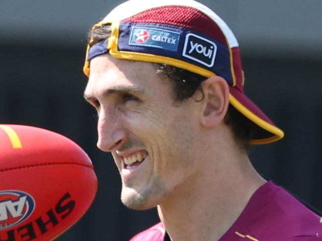 Injured ruckman Oscar McInerney at the Lions final training session in Brisbane before heading to Melbourne for the Grand Final against the Sydney Swans. Picture Lachie Millard