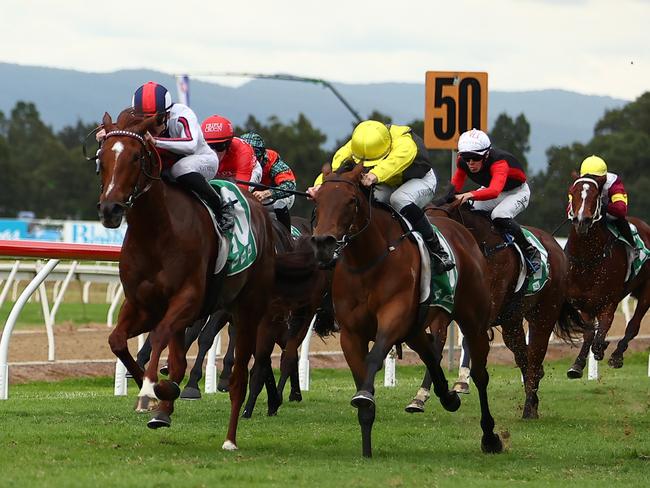 HAWKESBURY, AUSTRALIA - MAY 04: Tom Sherry riding Coco Jamboo wins Race 6 Pioneer Services Hawkesbury Crown during "Hawkesbury Cup Day" - Sydney Racing at Hawkesbury Racecourse on May 04, 2024 in Hawkesbury, Australia. (Photo by Jeremy Ng/Getty Images)