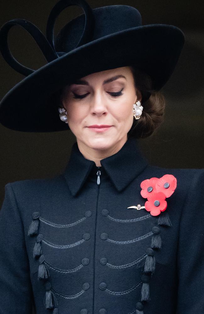 Kate Middleton in the late Queen Elizabeth’s mabe pearl and diamond earrings. Picture: Tim Rooke/Pool/Samir Hussein/WireImage