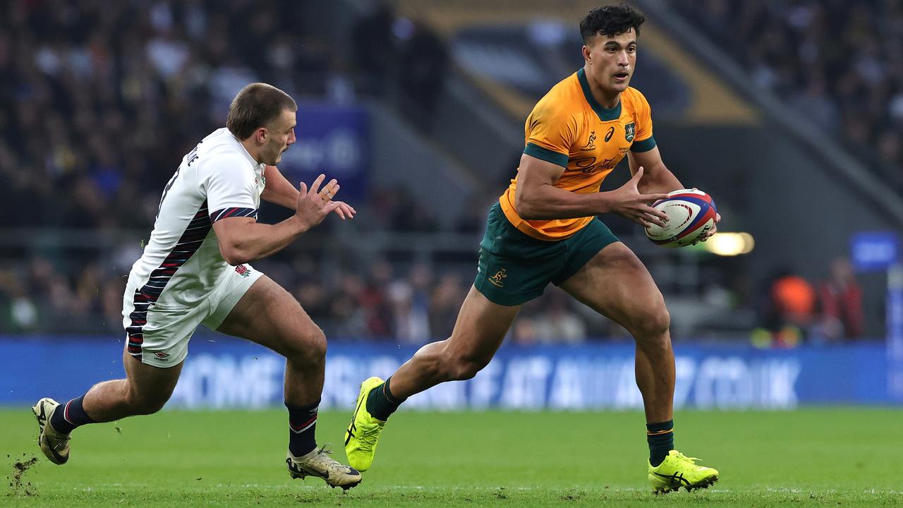 Joseph-Aukuso Suaalii made a stunning debut against England. (Photo by David Rogers/Getty Images)