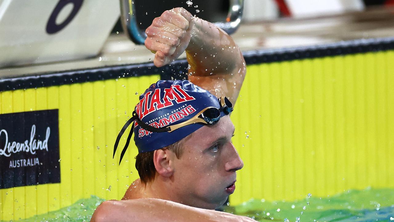 Max Giuliani celebrates winning the men’s 200m freestyle. (Photo by Quinn Rooney/Getty Images)