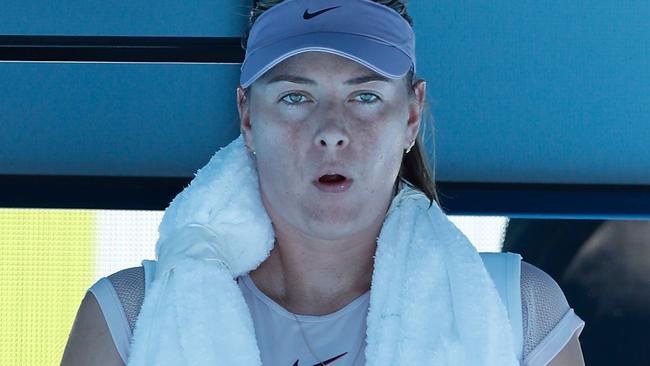 MELBOURNE, AUSTRALIA — JANUARY 18: Maria Sharapova of Russia attempts to cool down between games in her second round match against Anastasija Sevastova of Latvia on day four of the 2018 Australian Open at Melbourne Park on January 18, 2018 in Melbourne, Australia. (Photo by Michael Dodge/Getty Images)