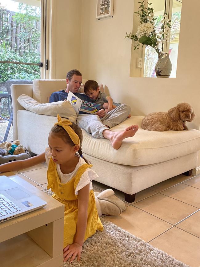 Jockey Ryan Plumb at home with children Olivia, 7, and Chase, 6. Picture: Supplied.