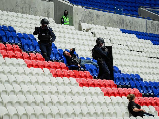 Police officers, military personnel, rescue workers and firefighters take part in an exercise simulating a terrorist attack. Picture: AFP