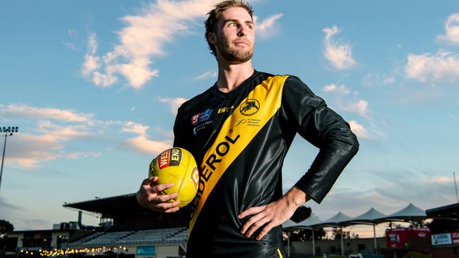 Ace Glenelg recruit Dylan Landt at Glenelg Oval ahead of the Tigers’ top-of-the-table clash with South Adelaide, which will be live streamed by The Advertiser. Picture: Morgan Sette