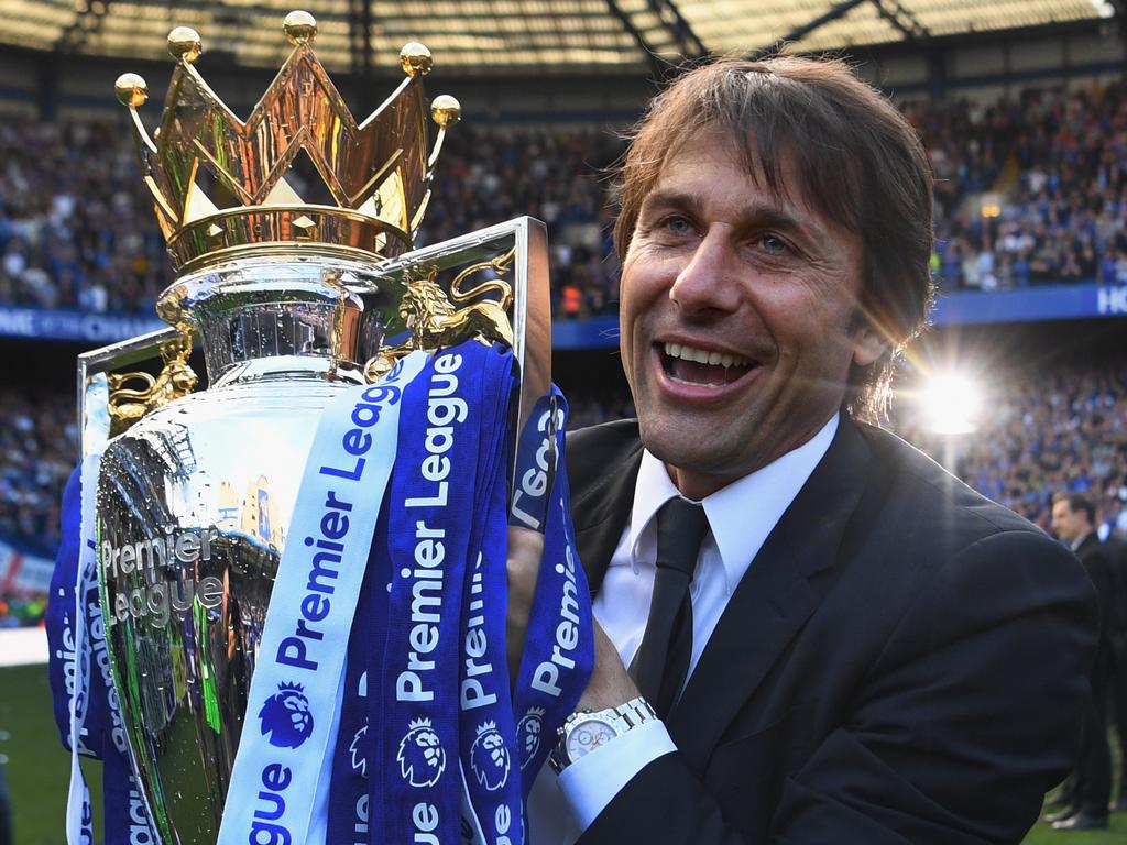 Antonio Conte with the Premier League trophy in 2017 after taking Chelsea to the title. Picture: Michael Regan/Getty Images