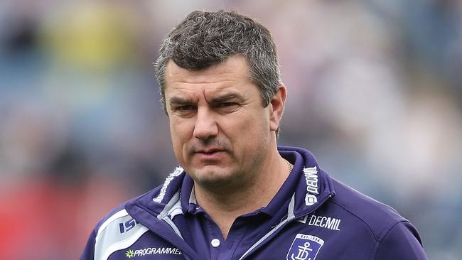 GEELONG, AUSTRALIA - SEPTEMBER 07:  Dockers assistant coach Peter Sumich  looks ahead during the Second AFL Qualifying Final match between the Geelong Cats and the Fremantle Dockers at Simonds Stadium on September 7, 2013 in Geelong, Australia.  (Photo by Michael Dodge/Getty Images)