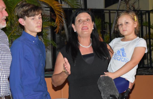 A bittersweet night for CLP candidate Kathy Ganley as she concedes defeat for the seat of Solomon and thanked her supporters, flanked by husband Tom, son Tormison and daughter Nina. Picture: Natasha Emeck