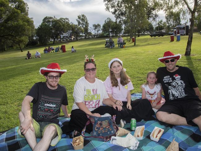 Nate OÃ¢â&#130;¬â&#132;¢Connor, Jennifer Tulloh, Izzy Tulloh, Sarah Clark, Mat Clark at the 2024 Mildura Christmas Carols. Picture: Noel Fisher