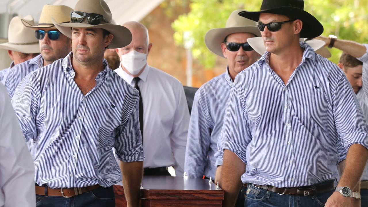 Wright (left) was one of the pallbearers at Wilson’s funeral, held at the Darwin Convention centre. Picture: Glenn Campbell