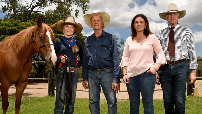 Toomby Horsemanship cattle station. Vicki and Geoff Toomby and JR (horse) with Senator Jacqui Lamby and Kennedy MP Bob Katter. Picture: Evan Morgan