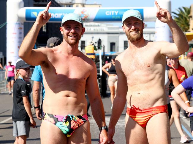 Lumary City-Bay Fun Run, 17th September 2023. Janek Coleman and Nic Hales at the finish line of the City to Bay. Picture: Kelly Barnes