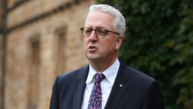 12/03/2021. Newly appointed vice chancellor Mark Scott with Chancellor Belinda Hutchinson at the University of Sydney, hold a media call in the Quadrangle of University in Sydney. Britta Campion / The Australian