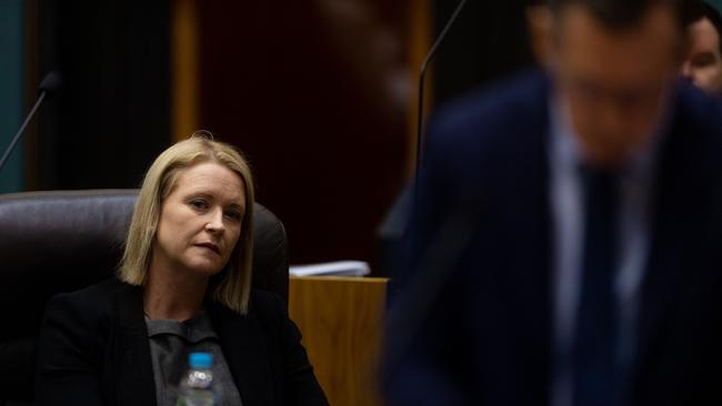 Deputy Chief Minister and former Treasurer Nicole Manison listens on as Chief Minister Michael Gunner delivers his first NT Budget as Treasurer. Picture: Che Chorley