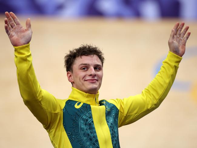 PARIS, FRANCE - AUGUST 11: Silver medalist Matthew Richardson poses on the podium after the Men's Keirin, Final on day sixteen of the Olympic Games Paris 2024 at Saint-Quentin-en-Yvelines Velodrome on August 11, 2024 in Paris, France. (Photo by Jared C. Tilton/Getty Images)