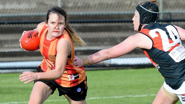 Women's football grand final – Morphettville Park v West Adelaide. Morphettville's Brianna Walling evades West Adelaide's Rebekka McMahon. Picture Greg Higgs 18/9/2016