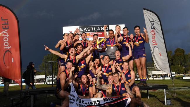 Vermont players react after winning last year’s EFL Premier division Grand Final. Picture: James Ross/AAP