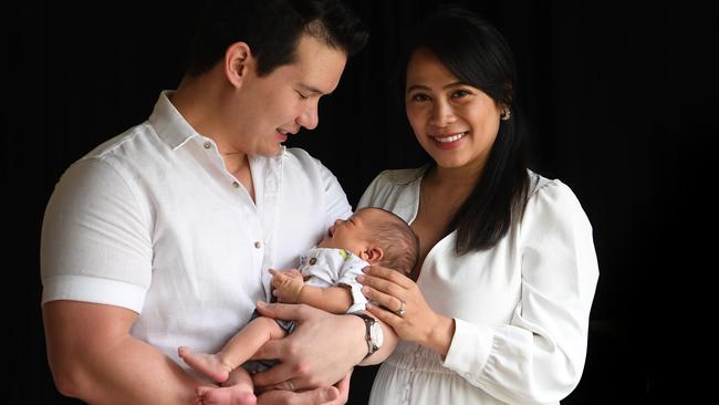 Ringwood North parents Mary and Seth Winkles at home with their baby boy Sariel, the first baby born at Box Hill Hospital for the decade. Picture: Julian Smith