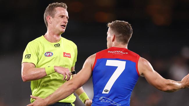 Jack Viney argues the point during pre-season.