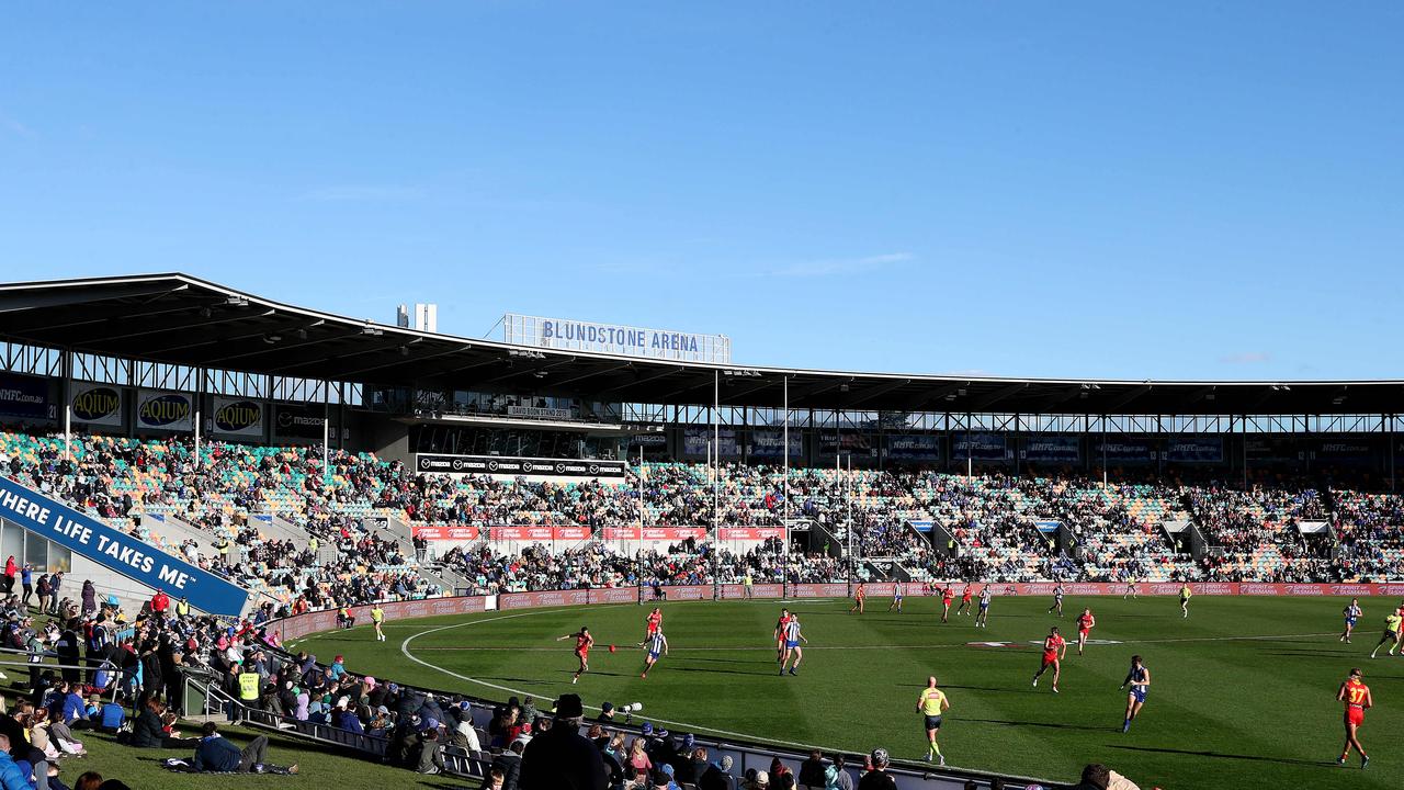 Footy fans watch North Melbourne and the Gold Coast at Blundstone Arena. Picture: Nikki Davis-Jones