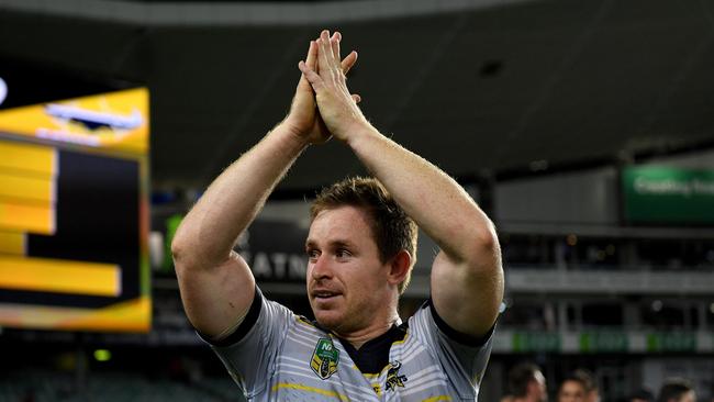 Michael Morgan of the Cowboys gestures to the crowd following their win over the Roosters in the NRL Preliminary Final between the Sydney Roosters and the North Queensland Cowboys at Allianz Stadium in Sydney, Saturday, September 23, 2017. (AAP Image/Dan Himbrechts) NO ARCHIVING, EDITORIAL USE ONLY